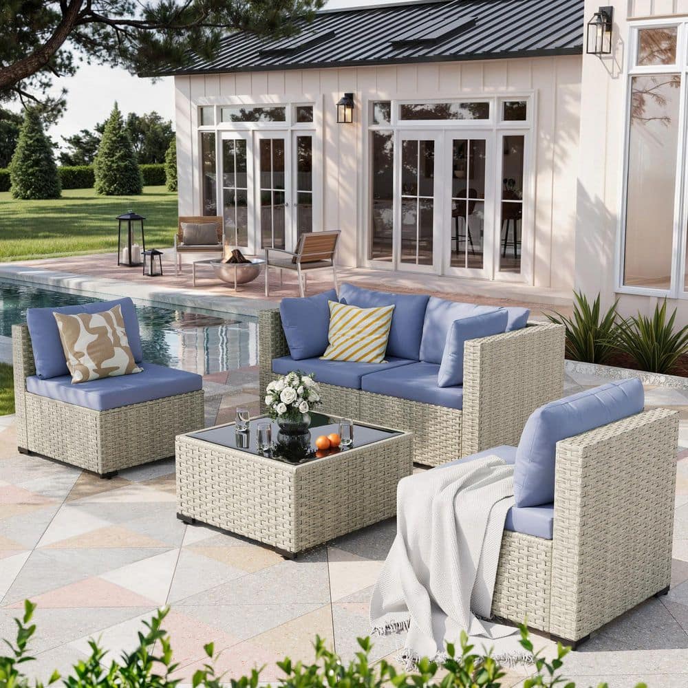 5 Pieces Gray Wicker Patio Conversation Set with Haze Blue Cushions price history on PriceWatchPro
