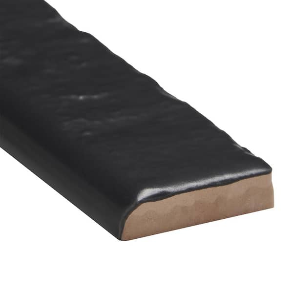 Virtuo Matte Black 1.45 in. x 9.21 in. Matte Crackled Ceramic Bullnose Tile Trim