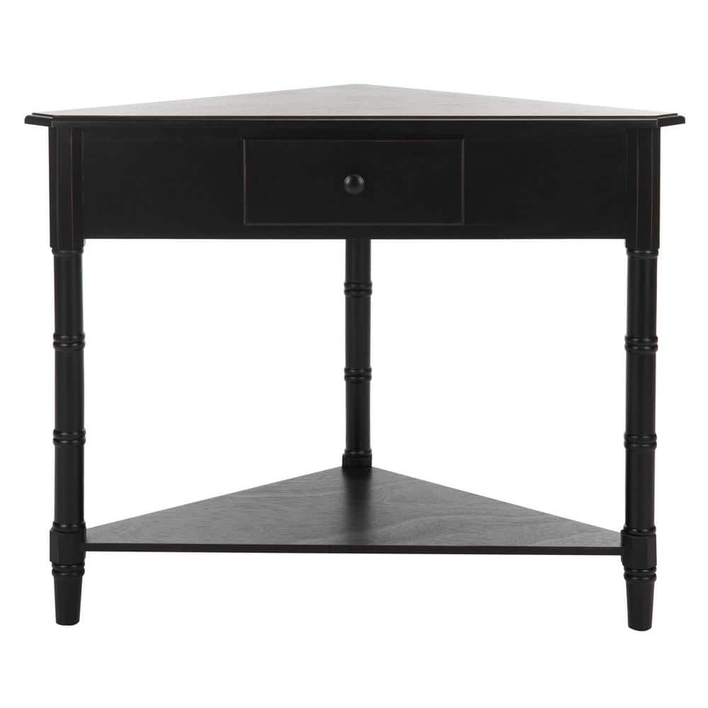 Bamboo-Inspired Triangular Pine Wood Corner Console with Drawer - Black