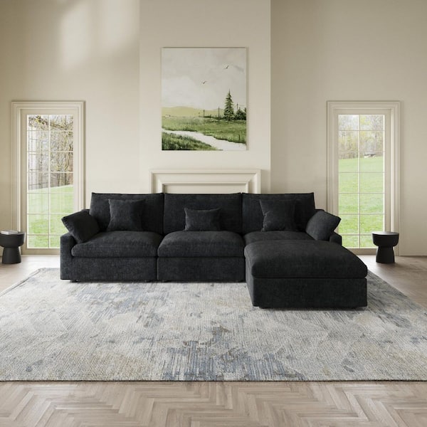 119 in. Square Arm Linen 4-Piece Free Combination Comfy Couch Cloud Modular Sectional Sofa with Ottoman in Black
