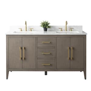 60 in. W x 22 in. D x 34 in. H Double Sink Bathroom Vanity Cabinet in Driftwood Gray with Engineered Marble Top