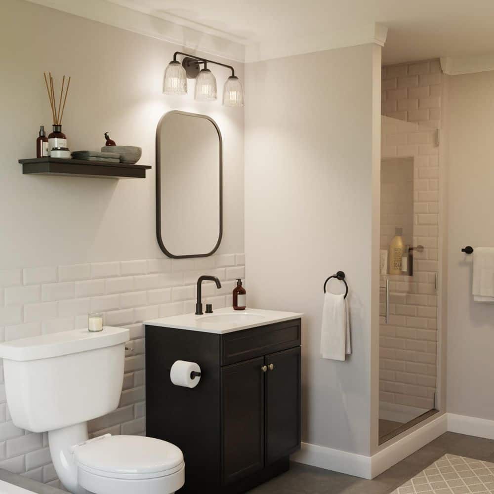 Brenn 24 in. 3-Light Matte Black Vanity Light with Ribbed Glass Shades, Towel Bar, Toilet Paper Holder, Towel Ring price history on PriceWatchPro