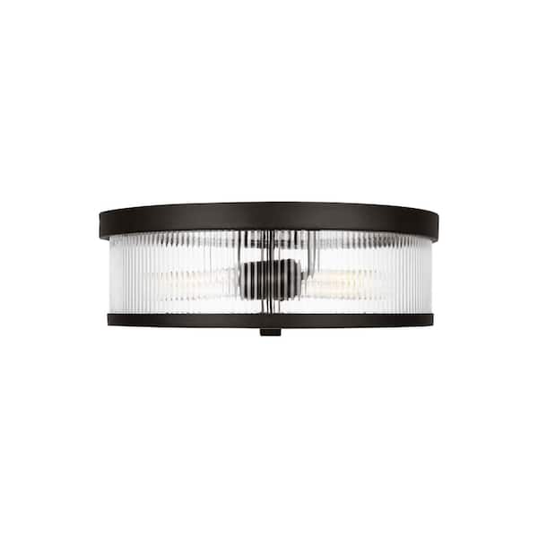 Generation Lighting Geneva 14 in. W x 4.875 in. H 2-Light Aged Iron Mid-Century Indoor Dimmable Flush Mount with Clear Glass Shade