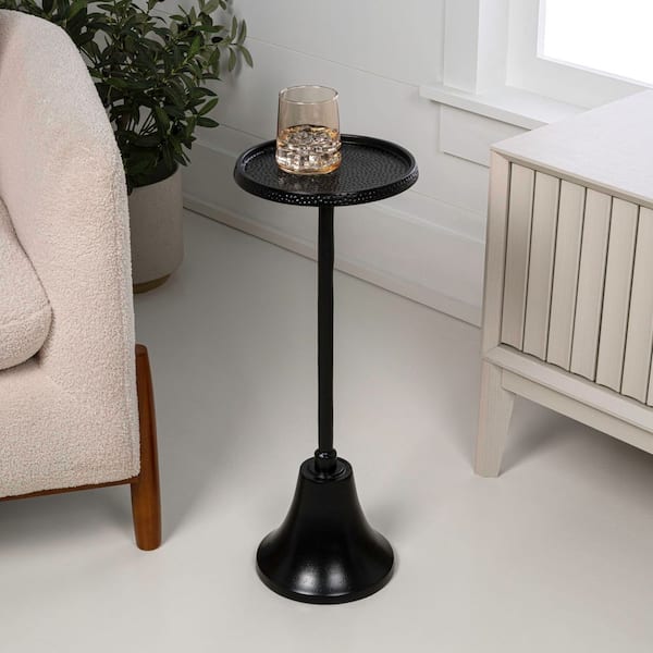 Irida 9 in. Art Deco Designer Pedestal Drink Table with Hammered Round Metal Top and Bell Base, Antique Black