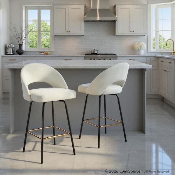 Renee Upholstered 38.75 in. Cream Fabric and Black Metal Fixed-Height Counter Stool with Square Footrest (Set of 2)