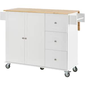 Brown Solid Wood Top 52.7 in. White Kitchen Island with Drop Leaf Breakfast Bar and Drawer