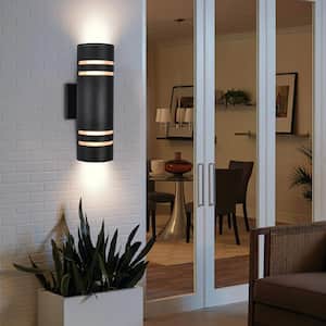 Roscoe 2-Light Black Outdoor Waterproof Lantern Cylinder Wall Sconce with Light Sensor with Light Bulb Type Not Included