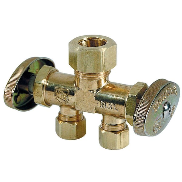 1/2 in. Nom Comp Inlet x 3/8 in. O.D. Comp x 3/8 in. O.D. Comp Dual Outlet Dual Shut-Off Rough Brass Straight Valve