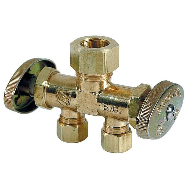 BrassCraft 1/2 in. Nom Comp Inlet x 3/8 in. O.D. Comp x 3/8 in. O.D. Comp Dual Outlet Dual Shut-Off Rough Brass Straight Valve