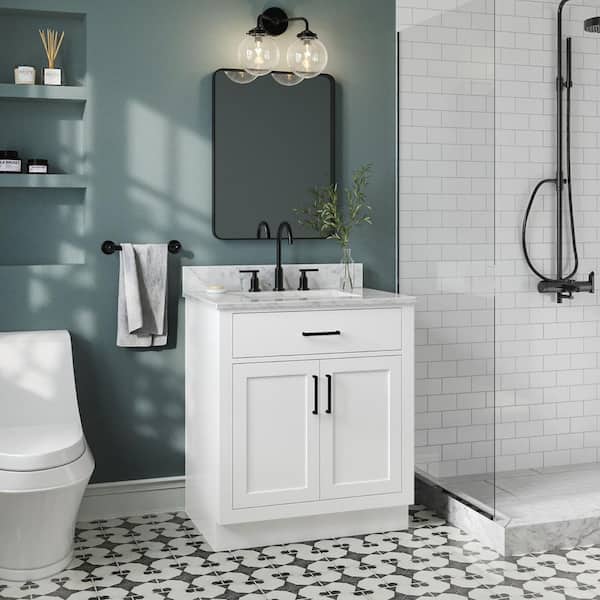 ARIEL Hepburn 30 in. W x 22 in. D x 35.25 in. H Bath Vanity in White with White Carrara Marble Vanity Top with White Basin