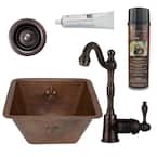 Bronze 16 Gauge Copper 15 in. Dual Mount Rectangle Bar Sink with Faucet and Strainer Drain