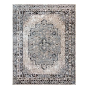 Roma Toaze Ivory 8 ft. x 10 ft. Center Medallion Indoor Area Rug
