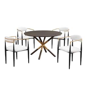 5-Piece Round Dining Table with 4 White Chairs Minimalist Style Hollow Design Wooden Top 47"-Diam