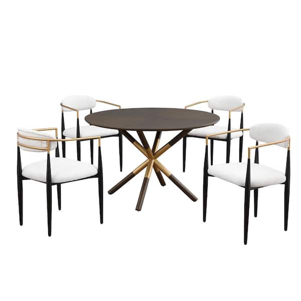 Morden Fort 5-Piece Round Dining Table with 4 White Chairs Minimalist Style Hollow Design Wooden Top 47"-Diam