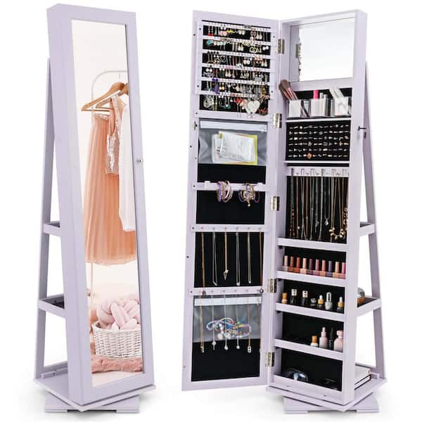 360° Rotatable Jewelry Cabinet Armoire 2-in-1 Lockable Mirrored Purple