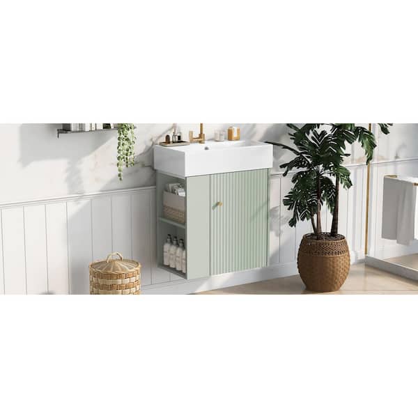 21.6in.W x 12.2in.D x 26.4 in. H Left Side Storage Single Sink Floating Green Bath Vanity, with White Ceramic Top Basin