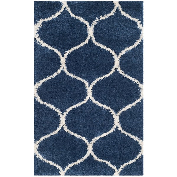 SAFAVIEH Hudson Shag Navy/Ivory Doormat 3 ft. x 5 ft. Geometric Trellis Area Rug