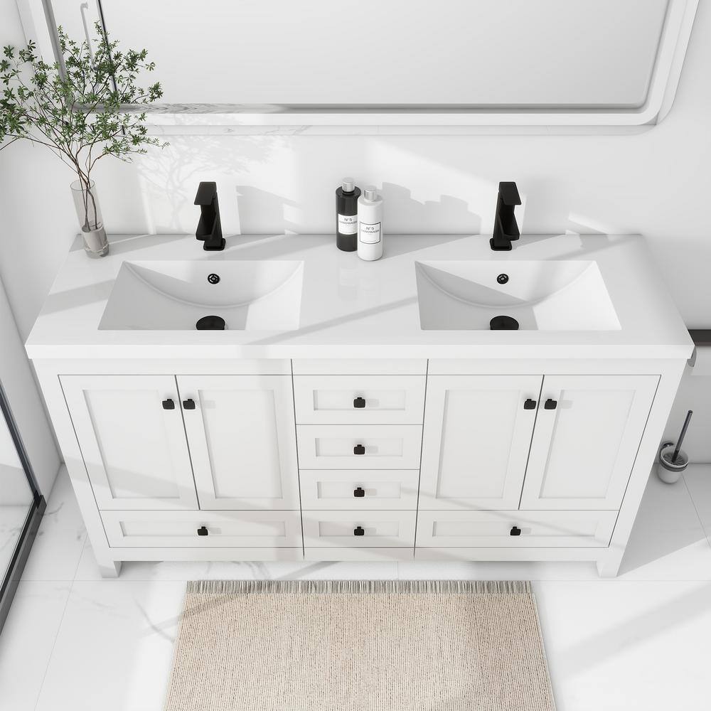 White MDF Double Sink Bathroom Vanity with Resin Top and Black Hardware