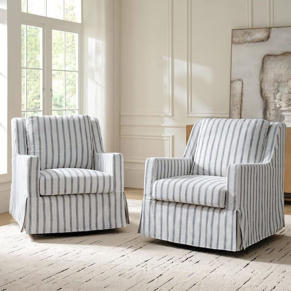 Andres Navy Farmhouse Slipcovered Polyester Swivel Arm Chair Set of 2 with Pillow Back