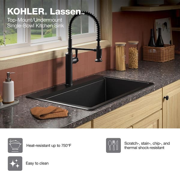 KOHLER Lassen 33 in. Drop-in/Undermount Single Bowl Granite Composite Kitchen Workstation Sink in Matte Black with Accessories