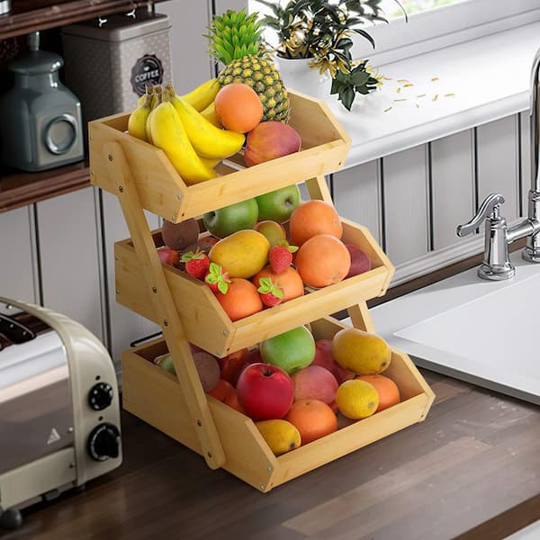3-Tier Bamboo Fruit Basket Stand for Kitchen Countertop, Fruit, Bread, Vegetables, Produce, Home and Display (1-Pack)