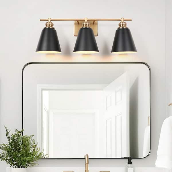 Modern 23 in. 3-Light Brushed Gold Vanity Light with Black Metal Shades
