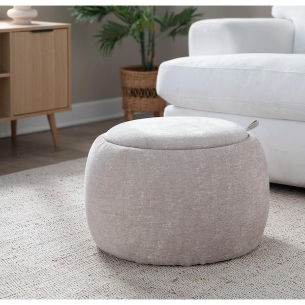 Lumisource Tray Pouf Natural Wood and Light Brown Fabric Ottoman