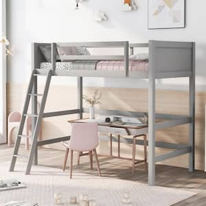 Gray Solid Wood Twin Size Loft Bed with Inclined Ladder and Safety Guardrail, No Box Spring Required