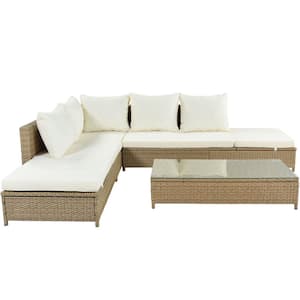 3-Piece Brown Wicker Patio Conversation Set with Beige Cushions