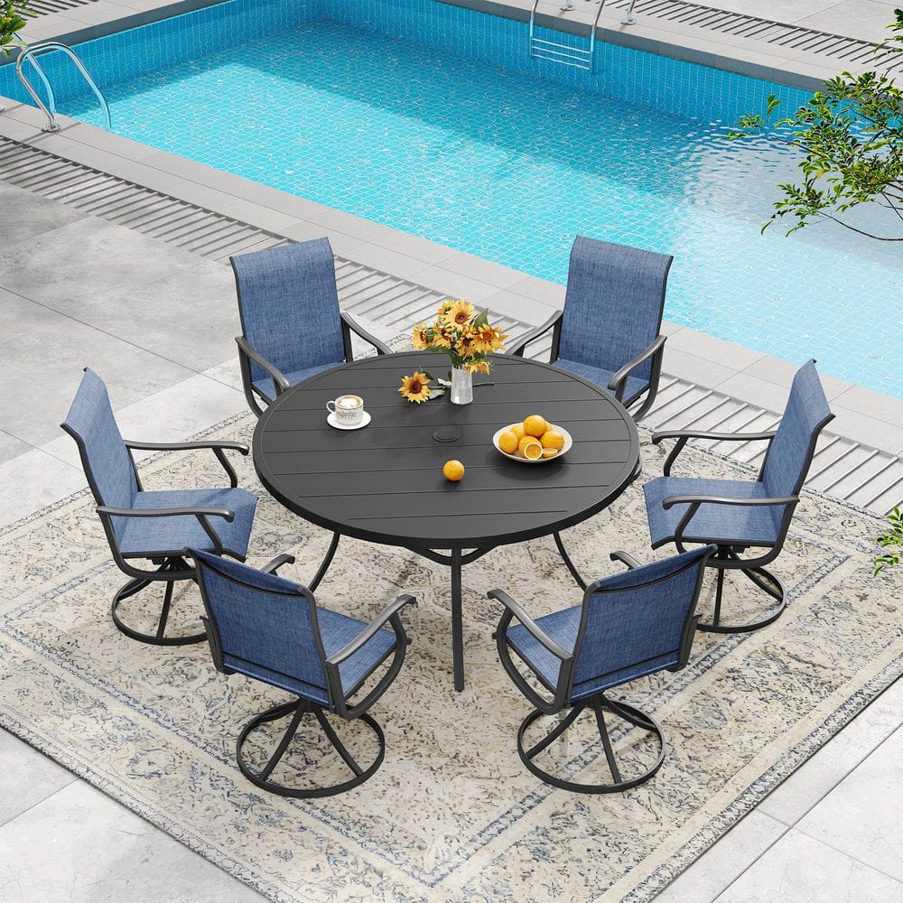 All Weather 7-Piece Metal Outdoor Patio Dining Set with 53 in. Black Round Table and 6 Blue Swivel Dining Chairs price history on PriceWatchPro