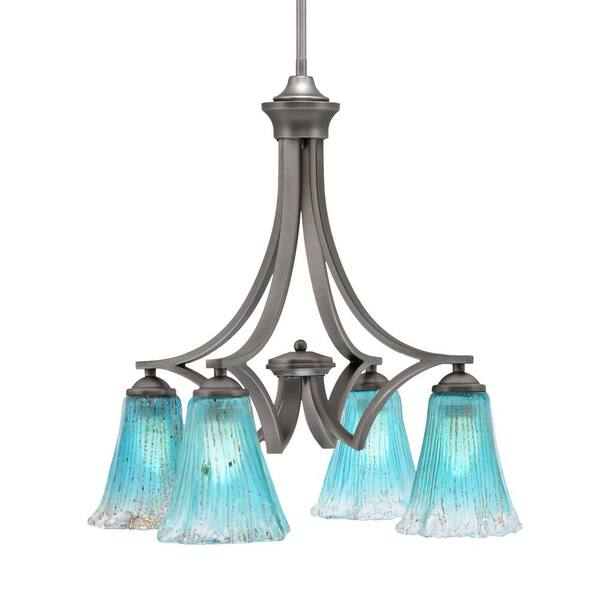 Unbranded Clevelend 4-Light Graphite Chandelier, Round Chandelier with 5.5 in. Fluted Teal Crystal Glass Shades, No bulbs included