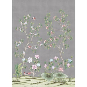 Chinoiserie Lilly Metallic Silver Removable Peel and Stick Vinyl Wall Mural, 108 in. x 78 in.