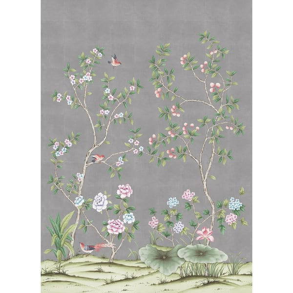 Tempaper Chinoiserie Lilly Metallic Silver Removable Peel and Stick Vinyl Wall Mural, 108 in. x 78 in.