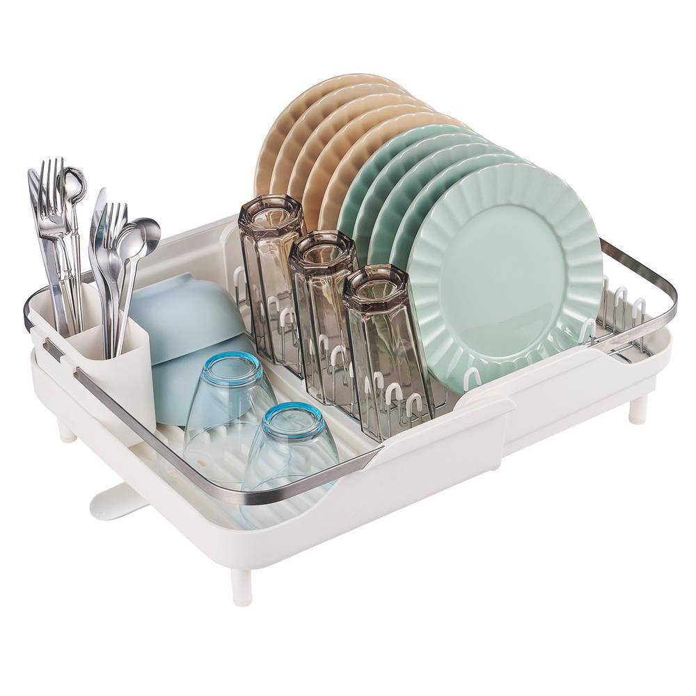 Expandable White and Stainless Steel Dish Drying Rack with Utensil Cup