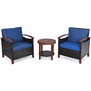 Brown 3-Piece Wicker Round 19 in. Outdoor Bistro Set Acacia Wood Frame Sofa and Side Table with Blue Cushions