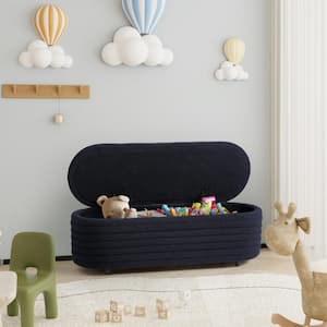 Bayville 54 in. Wide Oval Sherpa Upholstered Entryway Flip Top Storage Bedroom Accent Bench in Navy Blue