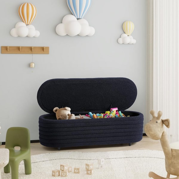 Bayville 54 in. Wide Oval Sherpa Upholstered Entryway Flip Top Storage Bedroom Accent Bench in Navy Blue