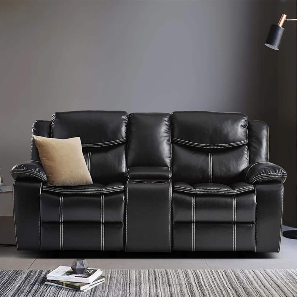 Austin 78.5 in. W Black Faux Leather Double Glider Reclining Loveseat with 