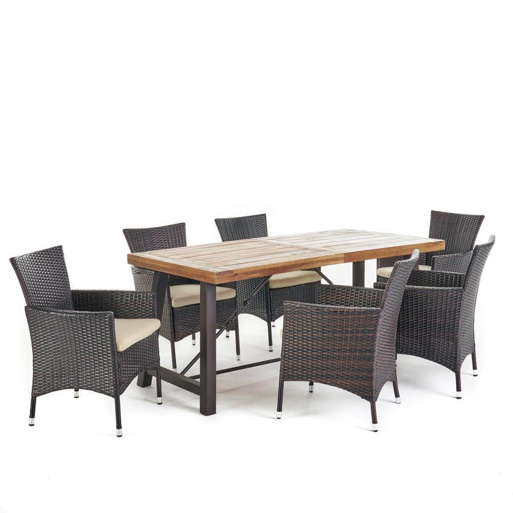 Teak and Multibrown 7-Piece Acacia Wood and Wicker Outdoor Dining Set