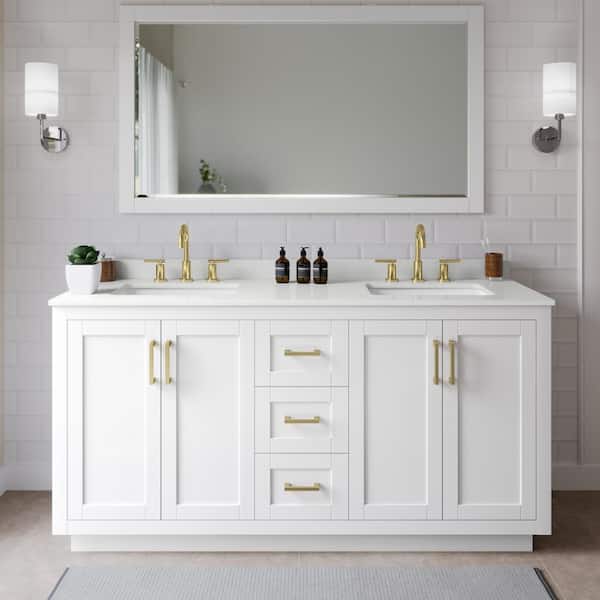 Wyndham Collection Miranda 66 in. W x 22 in. D x 33.75 in. H Double Bath Vanity in White with White Quartz Top and 58 in. Mirror
