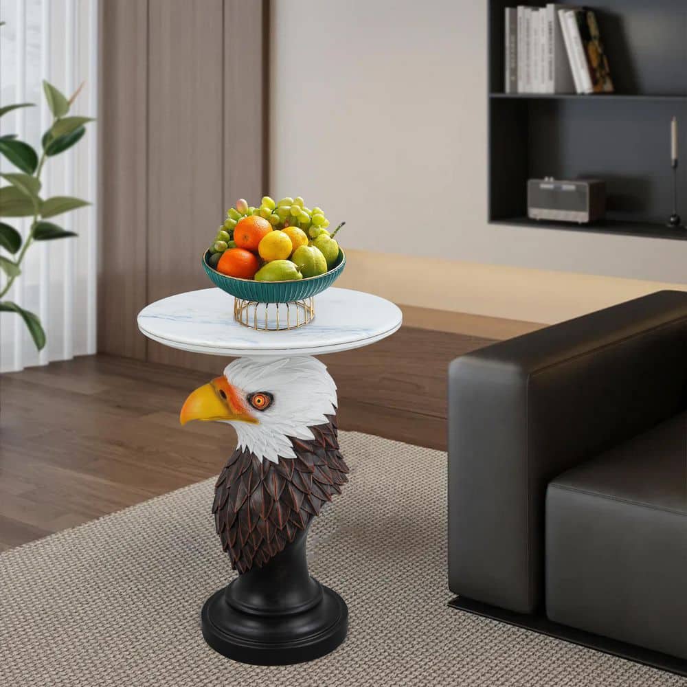 17.72 in. W Brown & Antique White Round Faux Marble End Tables Eagle Head Animal Statue Accent Table price history on PriceWatchPro