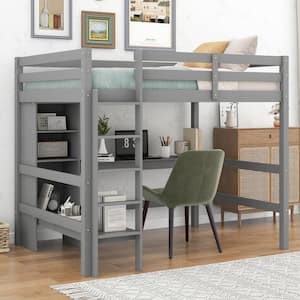 Gray Full Size Loft Bed with Storage Shelves and Under-bed Desk
