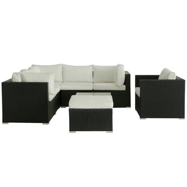 Zeus & Ruta 8-Piece Black Wicker Outdoor Sectional Set with Beige Cushions, Tea Table and Ottoman
