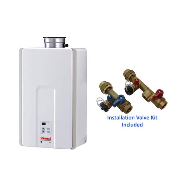 Rinnai High Efficiency 7.5 GPM Residential Natural Gas Interior Tankless Water Heater with Isolation Valves Bundle