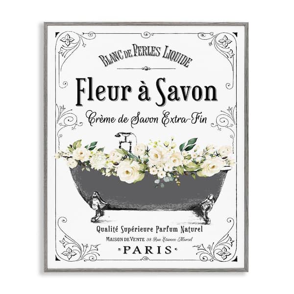 Fleur a Savon Parisian Bathroom Floral Tub by Lettered and Lined Gray Framed Giclee Art Print Typography 16 in. x 20 in.