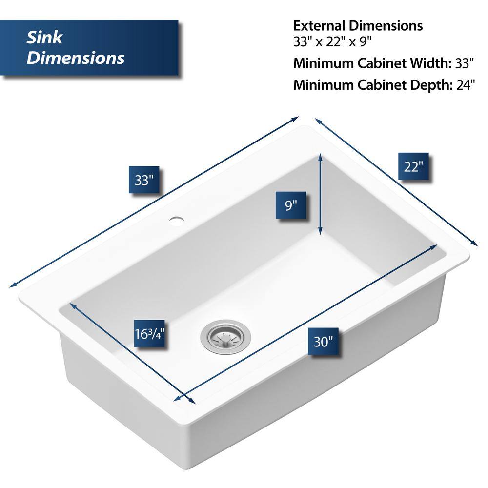 White Quartz 33'' Single Bowl Drop-In Kitchen Sink