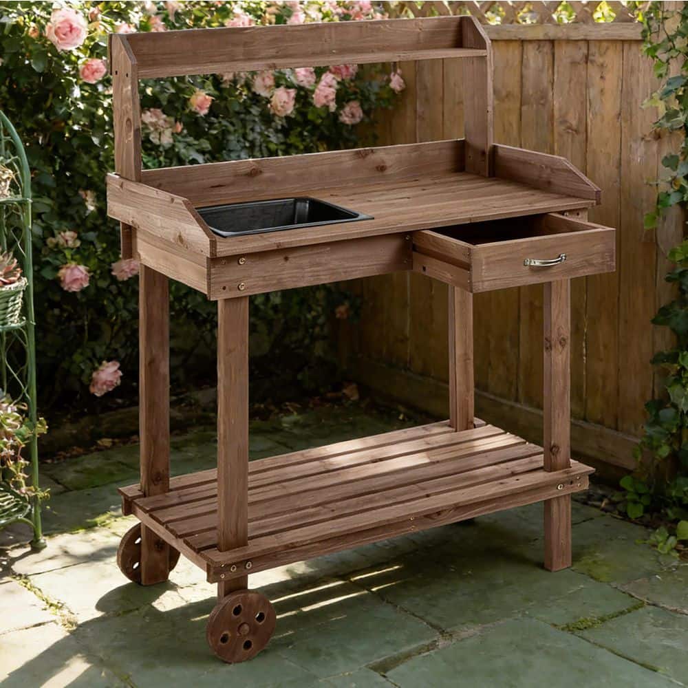 Brown Wooden Potting Bench Table Sink with 2 Removable Wheels and Drawer price history on PriceWatchPro