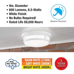 9 in. Round White Indoor Outdoor LED Flush Mount Ceiling Light Adjustable CCT 600 Lumens Wet Rated Front or Side Door