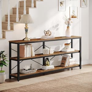 Turrella 70.9 in. Brown Rectangle Wood Console Table, Rustic Sofa Table, 3-Tiers TV Stand with Black Metal Frame