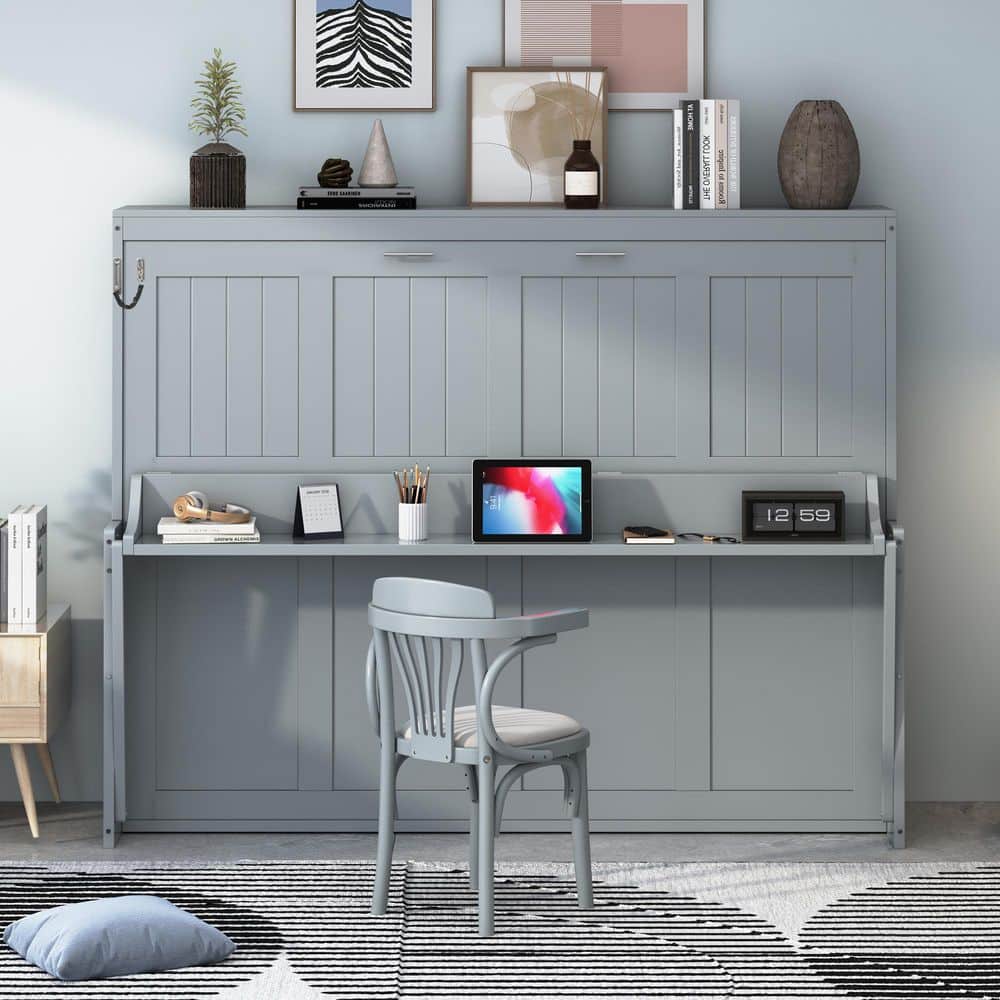White Wood Frame Full Size Murphy Bed with a Storage Shelf